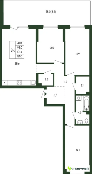 Планировка 3-комн. квартира, 101.4 м² ЖК «Парковый квартал 2.0»