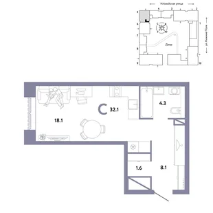 Планировка Студия, 32.1 м² ЖК «Страна.Заречная»