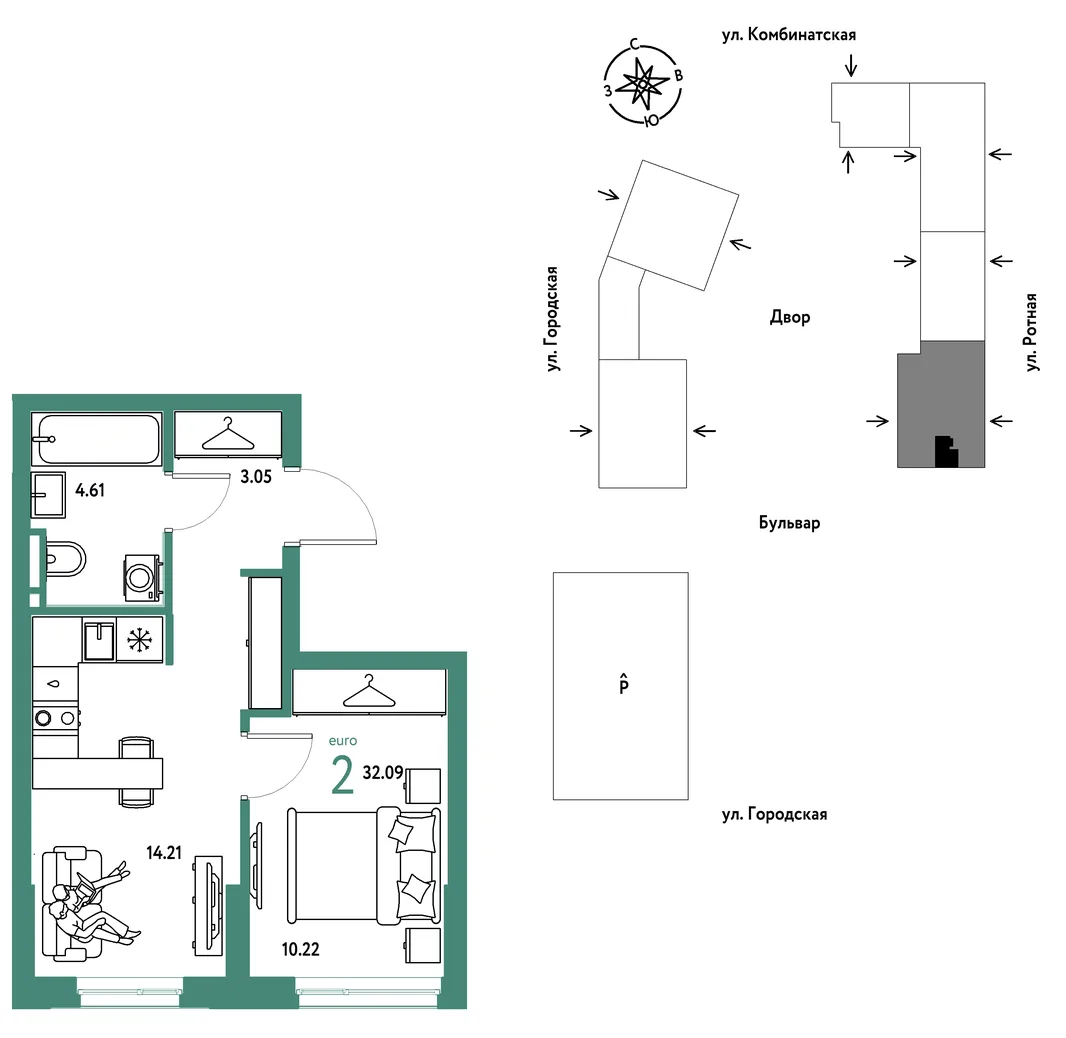 Планировка 2-комн. квартира, 32.09 м² ЖК «Уральский сад»