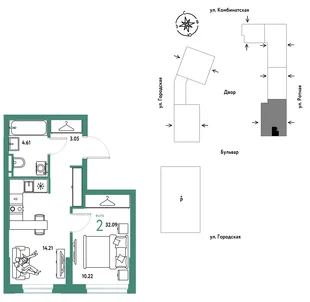 Планировка 2-комн. квартира, 32.09 м² ЖК «Уральский сад»