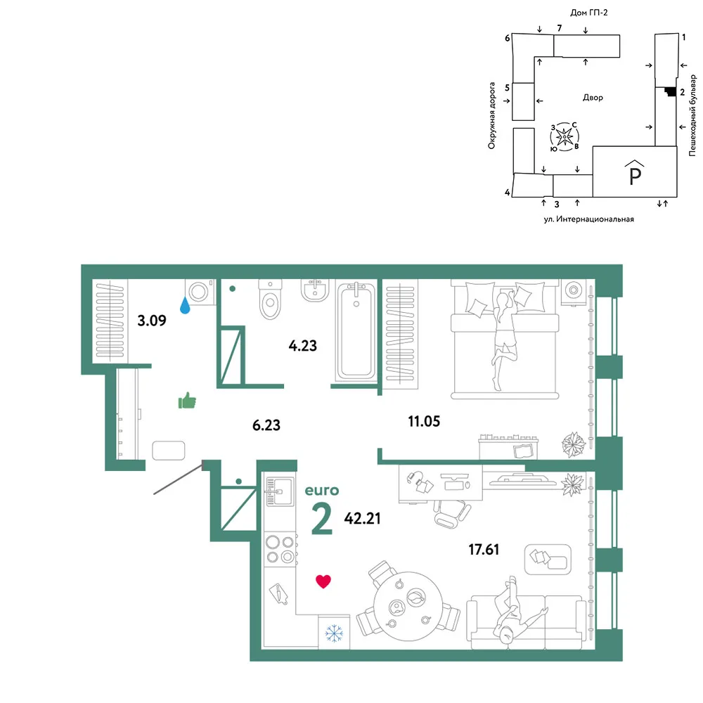 Планировка 2-комн. квартира, 42.21 м² ЖК «Юнион»