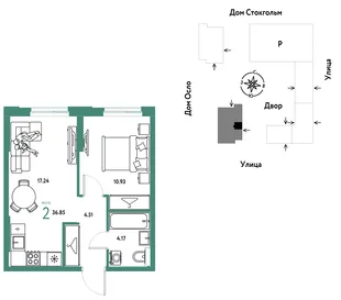Планировка 2-комн. квартира, 36.85 м² ЖК «Европейский берег 2.0»