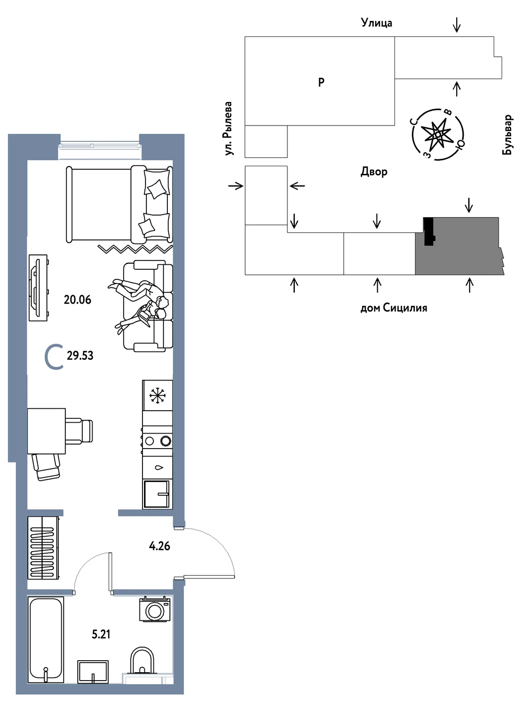 Планировка Студия, 29.53 м² ЖК «Остров-сад»