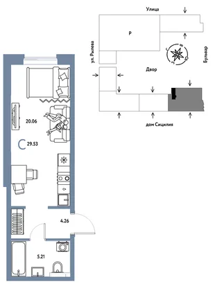 Планировка Студия, 29.53 м² ЖК «Остров-сад»