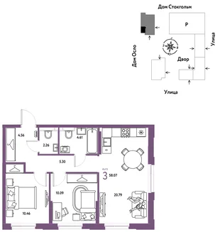 Планировка 3-комн. квартира, 58.07 м² ЖК «Европейский берег 2.0»
