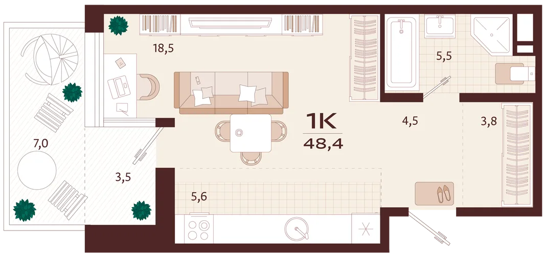 Планировка 1-комн. квартира, 48.4 м² ЖК «Роялта»