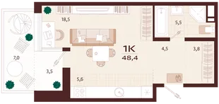 Планировка 1-комн. квартира, 48.4 м² ЖК «Роялта»