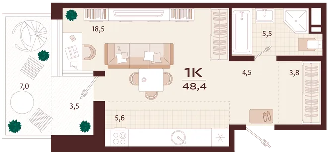 Планировка 1-комн. квартира, 48.4 м² ЖК «Роялта» Планировка 1-комн. квартира, 48.4 м² ЖК «Роялта»