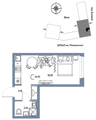 Планировка Студия, 24.91 м² ЖК «Сибирский сад»