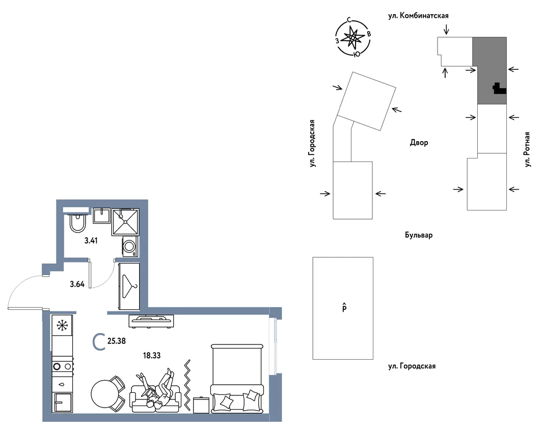 Планировка Студия, 25.38 м² ЖК «Уральский сад»