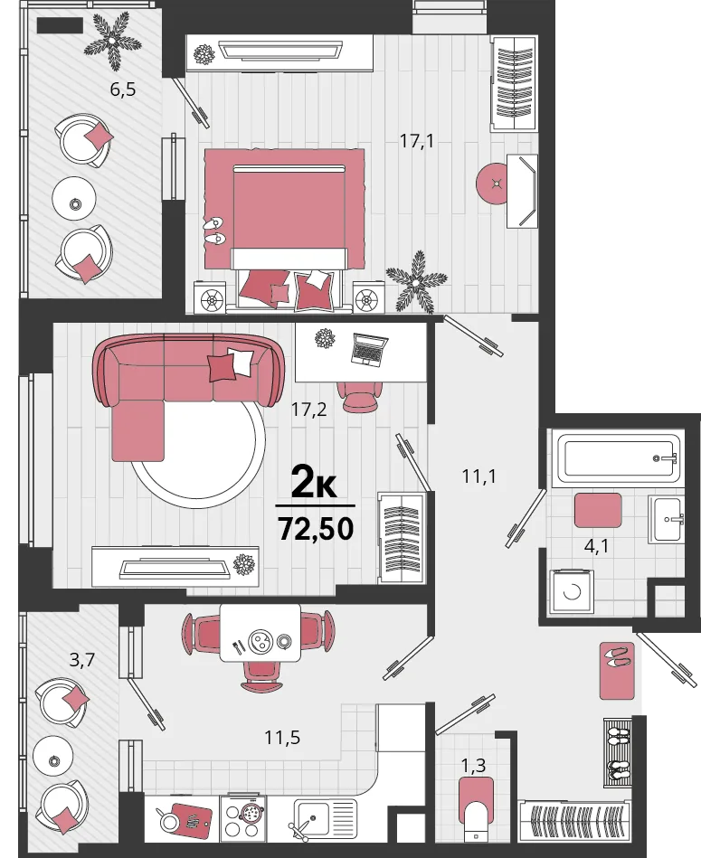 Планировка 2-комн. квартира, 72.5 м² ЖК «Родные просторы»