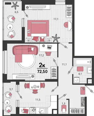 Планировка 2-комн. квартира, 72.5 м² ЖК «Родные просторы»