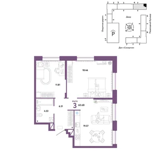 Планировка 3-комн. квартира, 60.68 м² ЖК «Юнион»