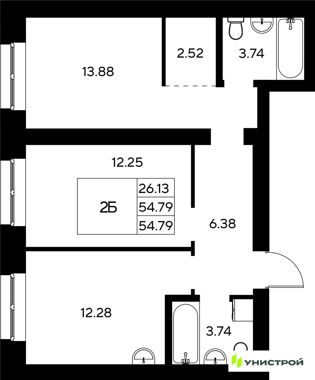 Планировка 2-комн. квартира, 54.79 м² ЖК «Царёво City»
