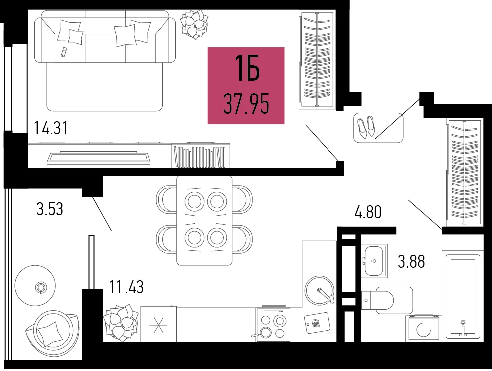 Планировка 1-комн. квартира, 37.95 м² ЖК «Столицыно»
