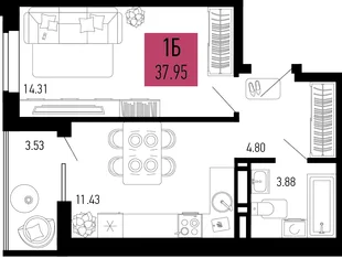 Планировка 1-комн. квартира, 37.95 м² ЖК «Столицыно»