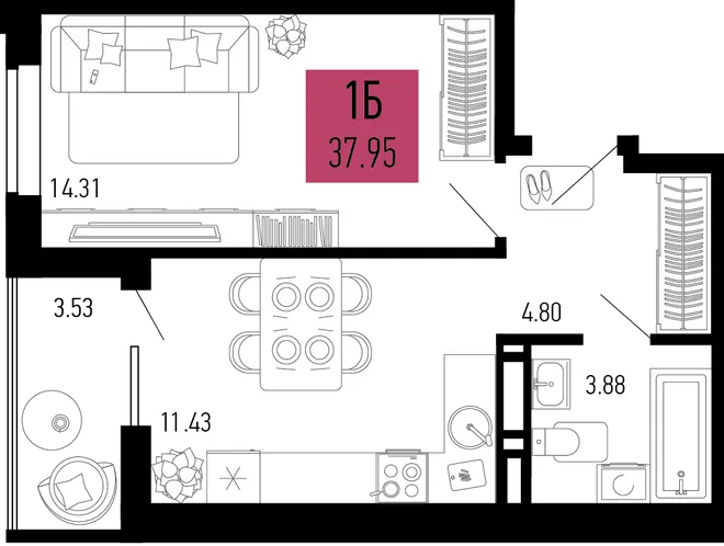 Планировка 1-комн. квартира, 37.95 м² ЖК «Столицыно» Планировка 1-комн. квартира, 37.95 м² ЖК «Столицыно»
