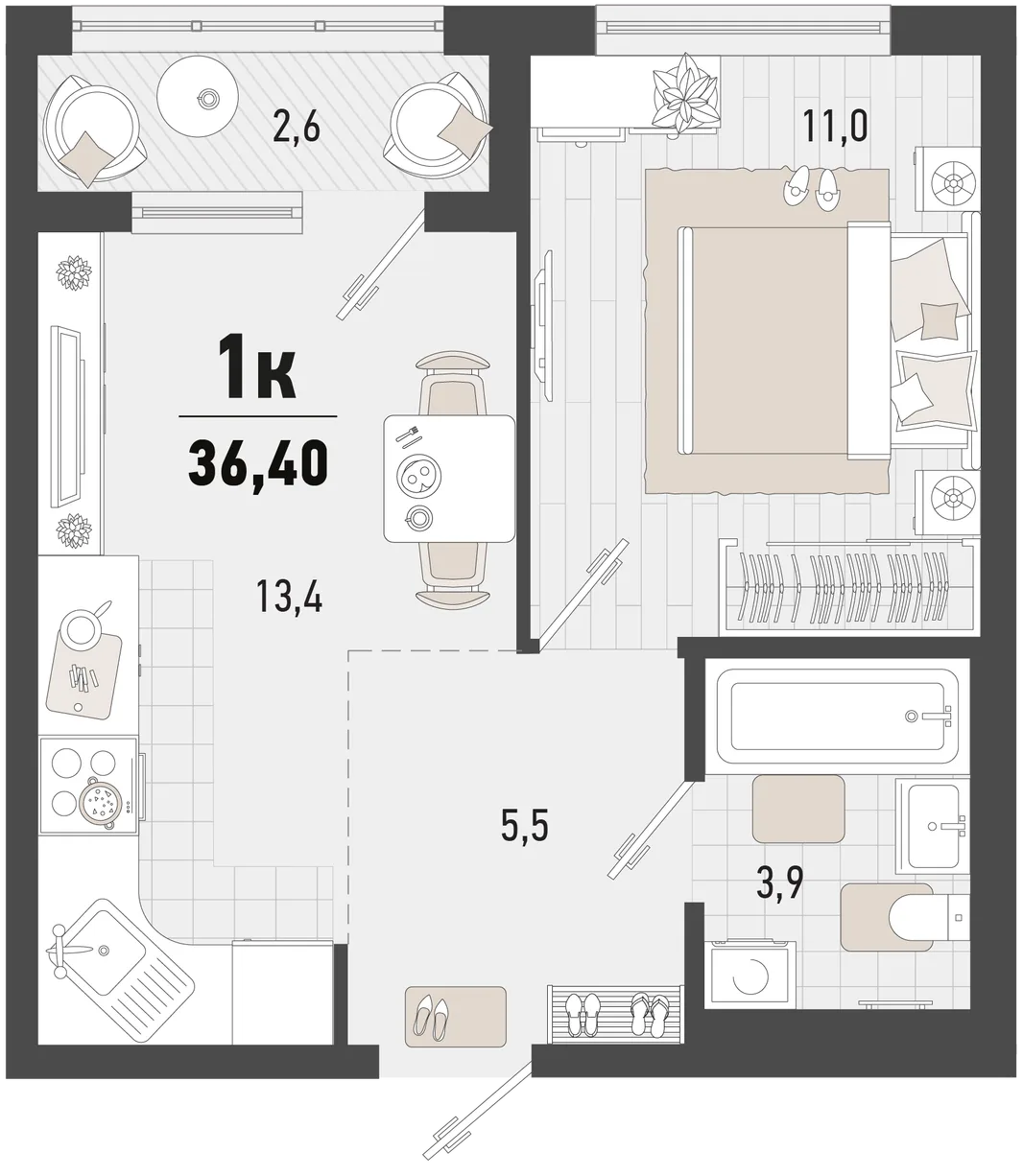 Планировка 1-комн. квартира, 36.4 м² ЖК «Барса»