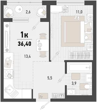 Планировка 1-комн. квартира, 36.4 м² ЖК «Барса»