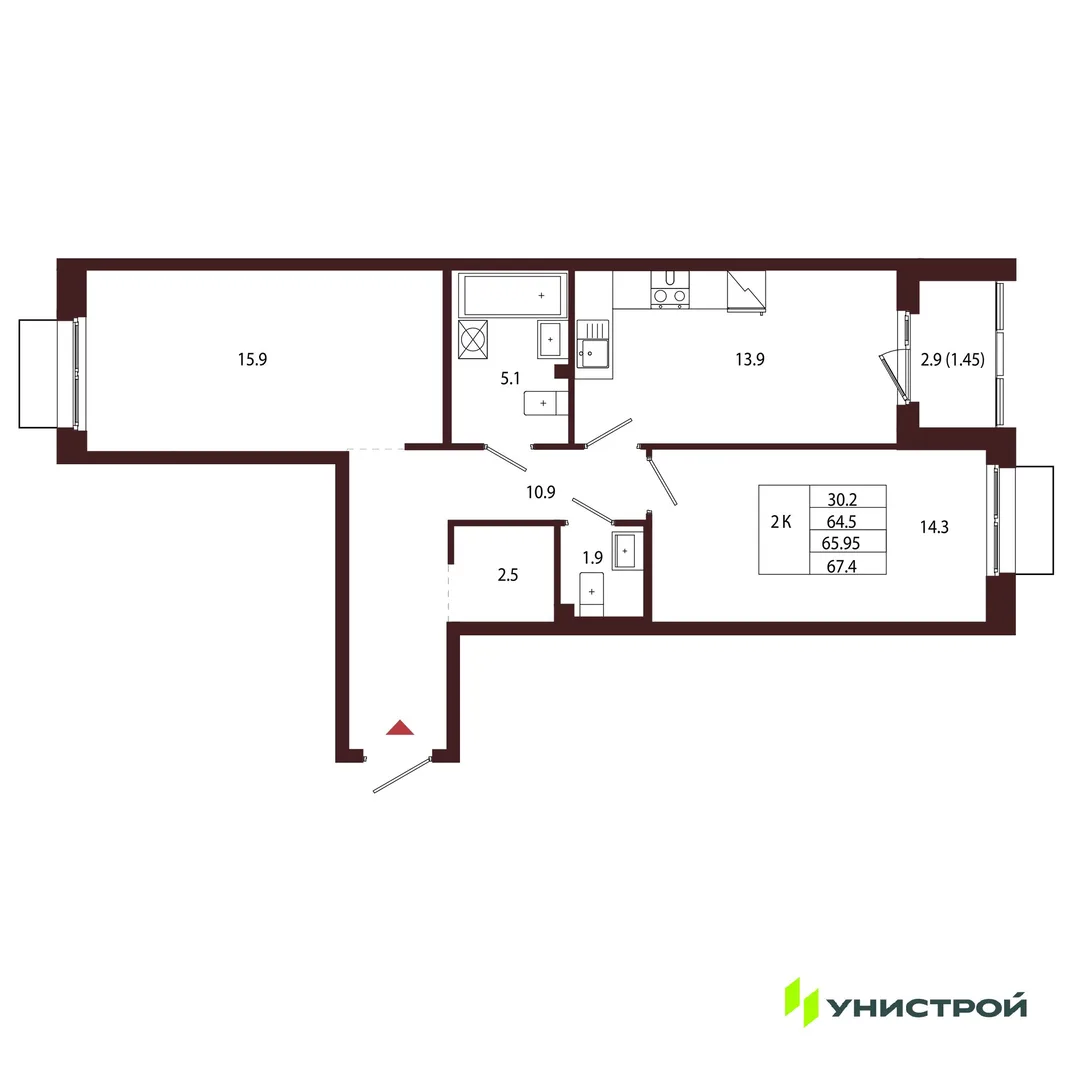 Планировка 2-комн. квартира, 65.95 м² ЖК «Лисино»