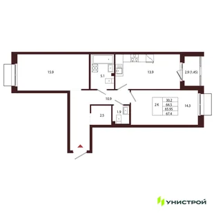 Планировка 2-комн. квартира, 65.95 м² ЖК «Лисино»