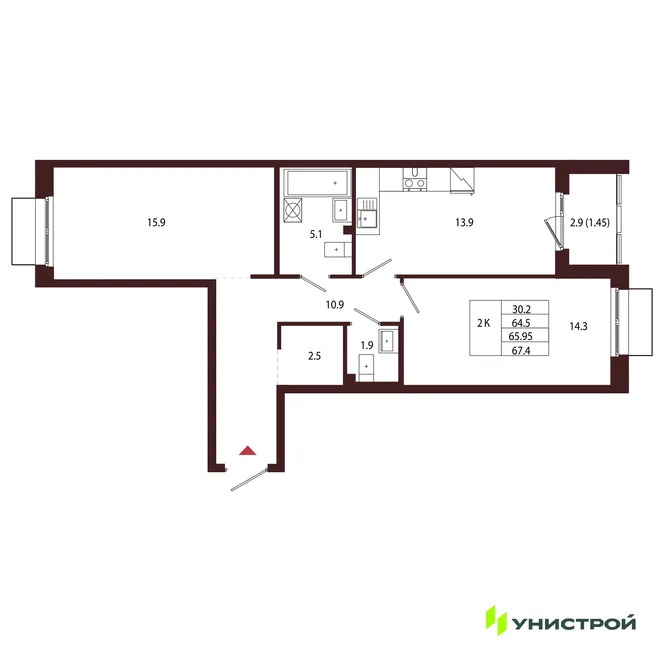 Планировка 2-комн. квартира, 65.95 м² ЖК «Лисино»