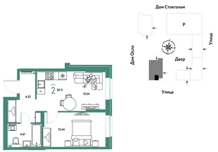 Планировка 2-комн. квартира, 39.11 м² ЖК «Европейский берег 2.0»