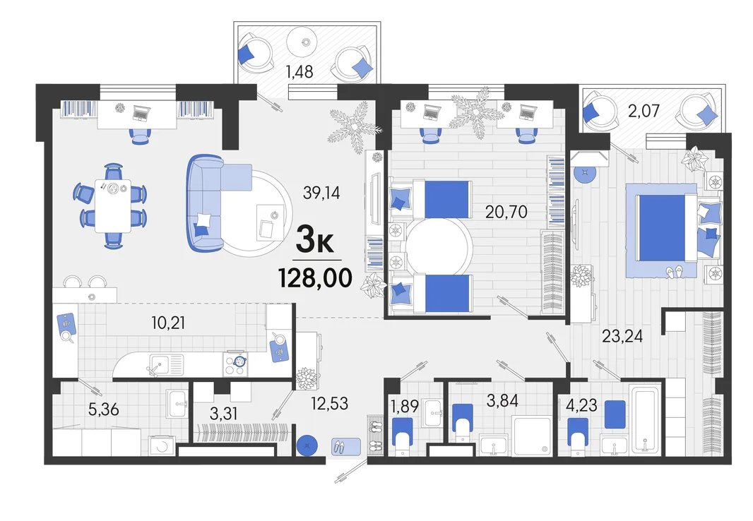 Планировка 3-комн. квартира, 128.29 м² ЖК «Белые Росы 2»