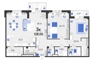 Планировка 3-комн. квартира, 128.29 м² ЖК «Белые Росы 2»
