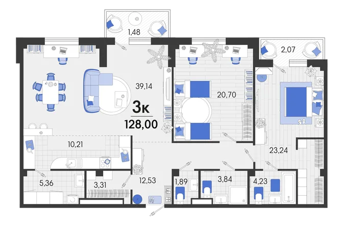 Планировка 3-комн. квартира, 128.29 м² ЖК «Белые Росы 2» Планировка 3-комн. квартира, 128.29 м² ЖК «Белые Росы 2»