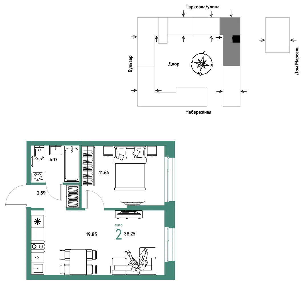 Планировка 2-комн. квартира, 38.25 м² ЖК «Европейский берег 2.0»