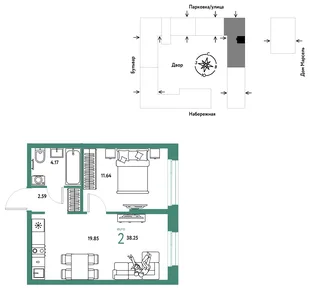 Планировка 2-комн. квартира, 38.25 м² ЖК «Европейский берег 2.0»