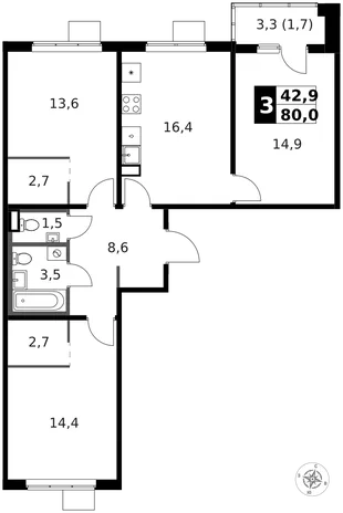 Квартира 3-комн. квартира, 80.8 м² ЖК «1-й Ясеневский» Фото 1 Квартира 3-комн. квартира, 80.8 м² ЖК «1-й Ясеневский» Фото 1