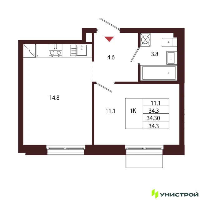 Планировка 1-комн. квартира, 34.3 м² ЖК «Лисино»