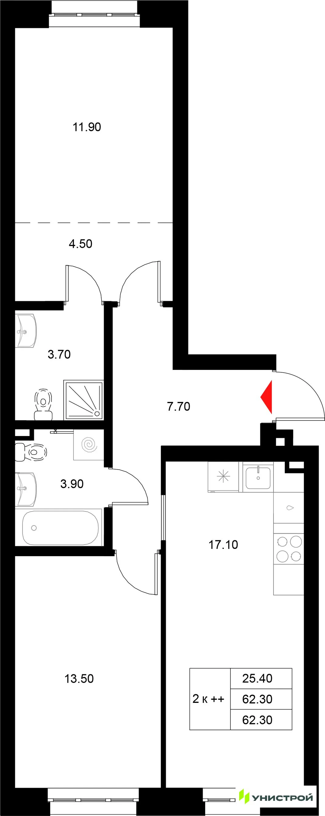 Планировка 2-комн. квартира, 62.3 м² ЖК «Уникод на Технической»