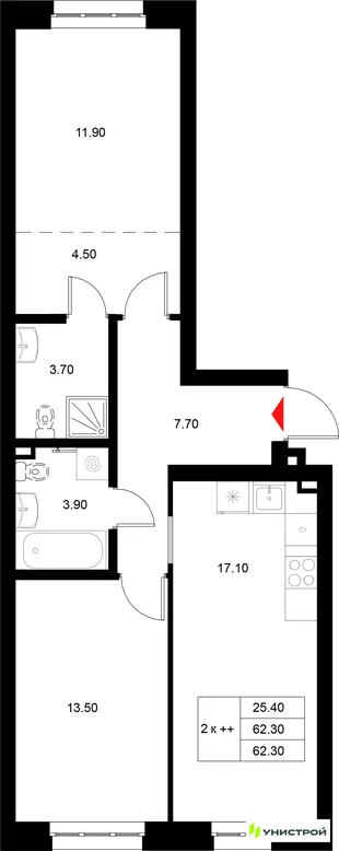 Планировка 2-комн. квартира, 62.3 м² ЖК «Уникод на Технической»