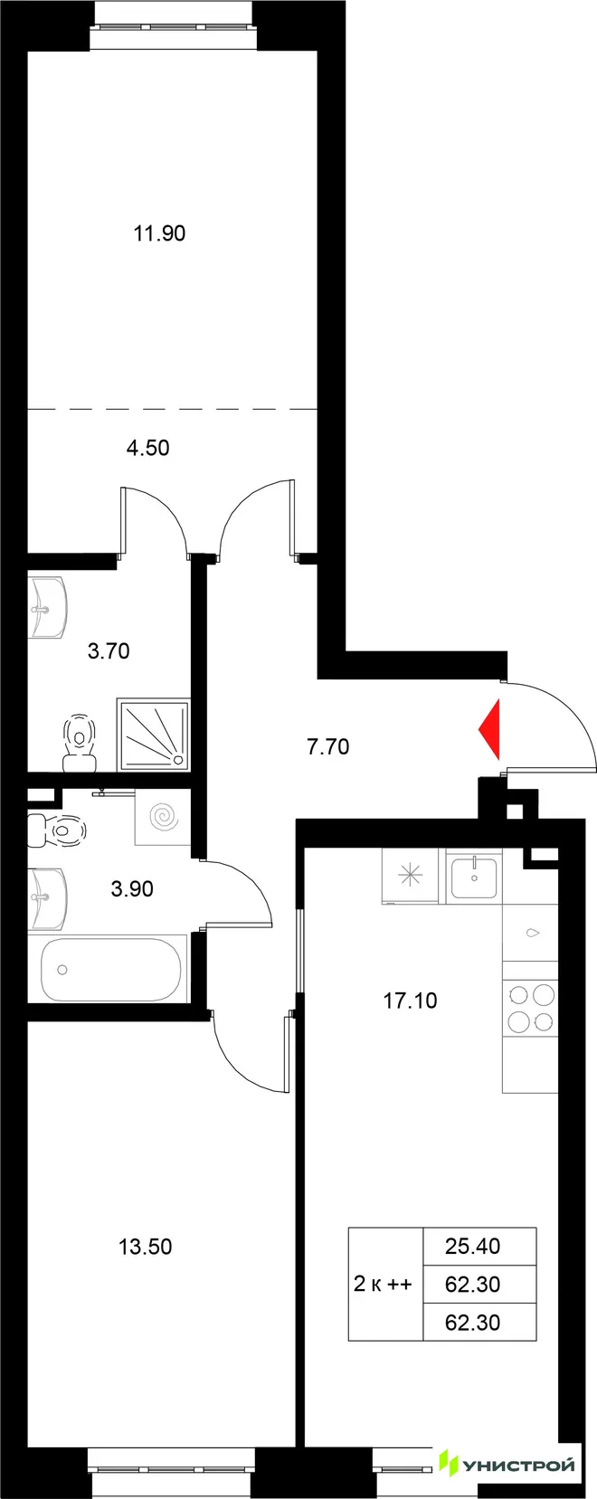 Планировка 2-комн. квартира, 62.3 м² ЖК «Уникод на Технической» Планировка 2-комн. квартира, 62.3 м² ЖК «Уникод на Технической»