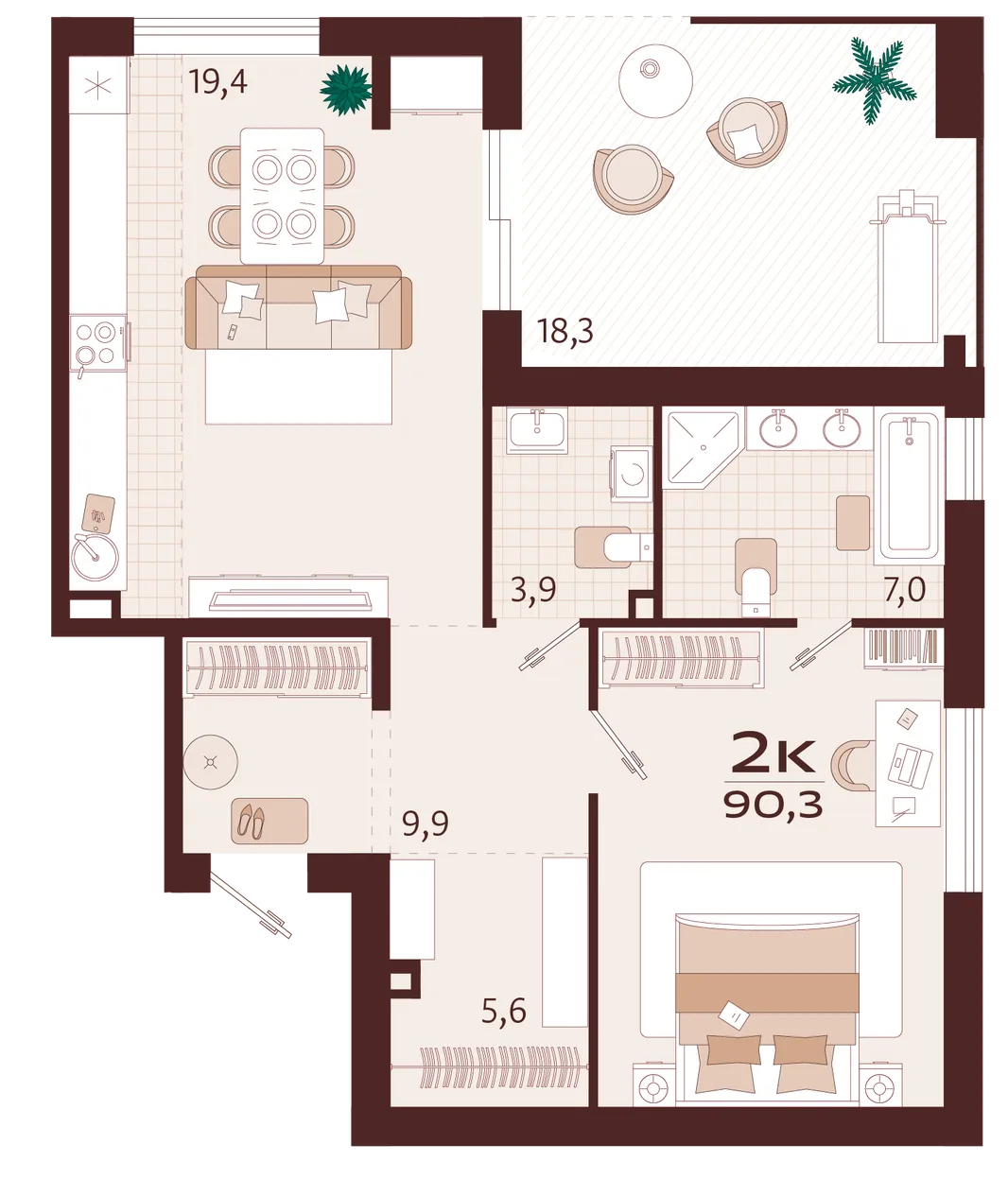 Планировка 2-комн. квартира, 90.3 м² ЖК «Роялта»