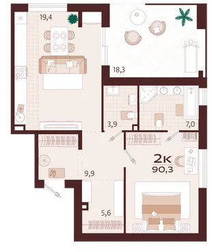Планировка 2-комн. квартира, 90.3 м² ЖК «Роялта»