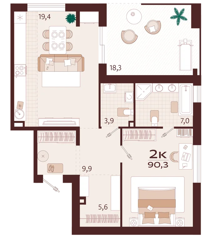 Планировка 2-комн. квартира, 90.3 м² ЖК «Роялта» Планировка 2-комн. квартира, 90.3 м² ЖК «Роялта»