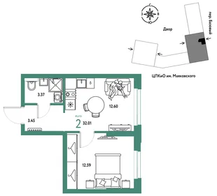 Планировка 2-комн. квартира, 32.01 м² ЖК «Сибирский сад»
