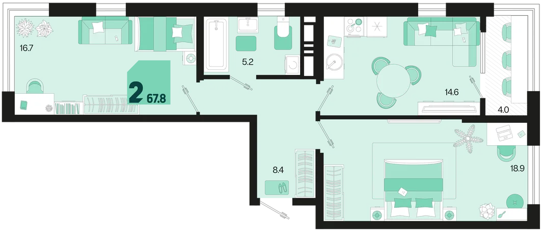 Планировка 2-комн. квартира, 67.8 м² ЖК «Первое место»