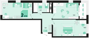 Планировка 2-комн. квартира, 67.8 м² ЖК «Первое место»
