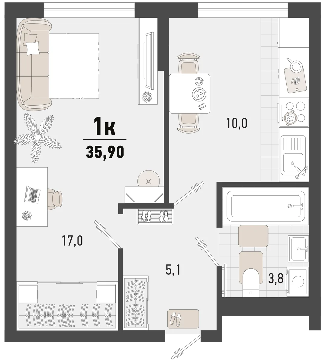 Планировка 1-комн. квартира, 35.9 м² ЖК «Барса»