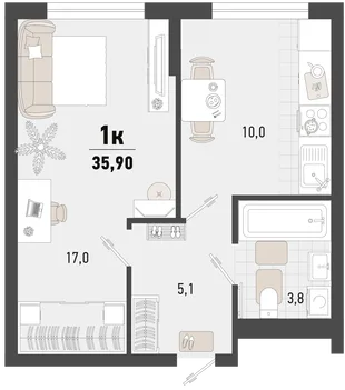 Планировка 1-комн. квартира, 35.9 м² ЖК «Барса»