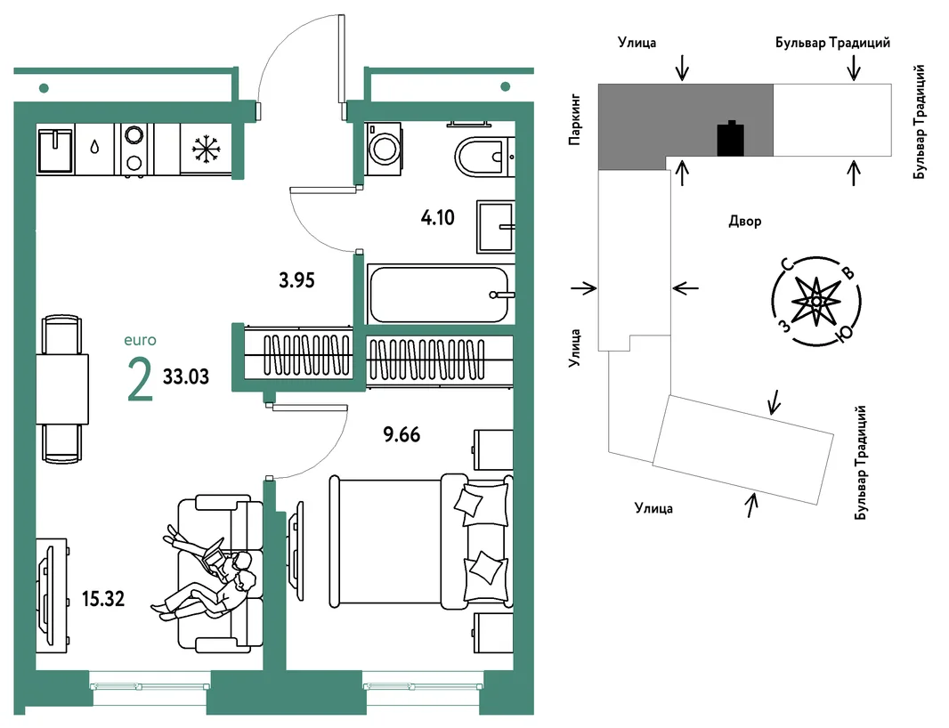 Планировка 2-комн. квартира, 33.03 м² ЖК «Микрорайон Домашний»