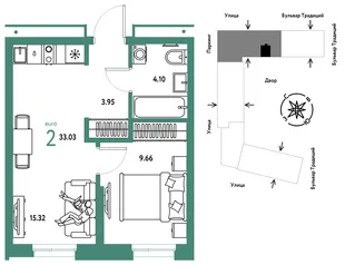 Планировка 2-комн. квартира, 33.03 м² ЖК «Микрорайон Домашний»