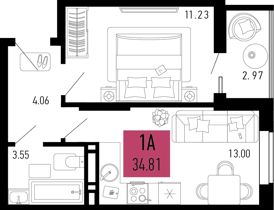 Планировка 1-комн. квартира, 34.39 м² ЖК «Столицыно»