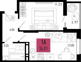 Планировка 1-комн. квартира, 34.39 м² ЖК «Столицыно»