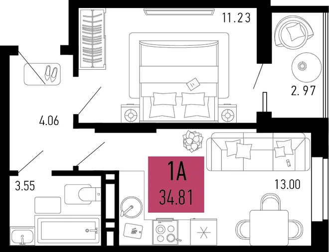 Планировка 1-комн. квартира, 34.39 м² ЖК «Столицыно»